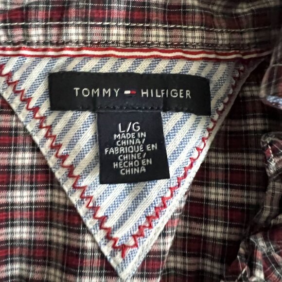 Tommy Hilfiger Burgundy Checkered Ruffle-Front Button-Up Shirt L/G Cotton Womens - Picture 2 of 3